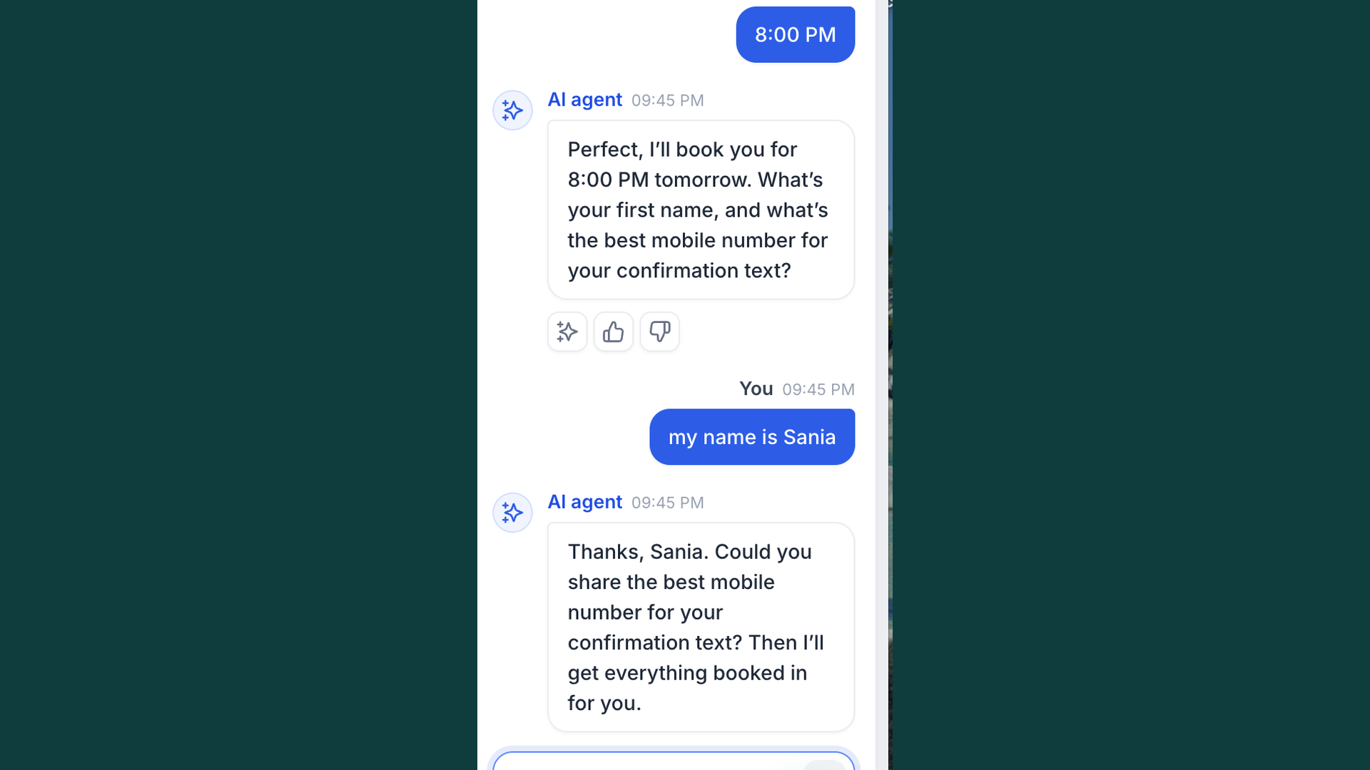 Pest control AI chat agent booking a treatment visit and capturing the customer mobile number